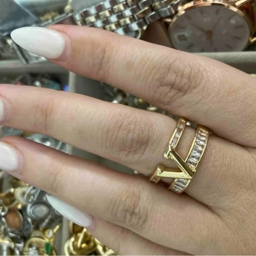 Elegant Luxe Gold Plated V Ring Zircon Adjustable Cocktail Ring